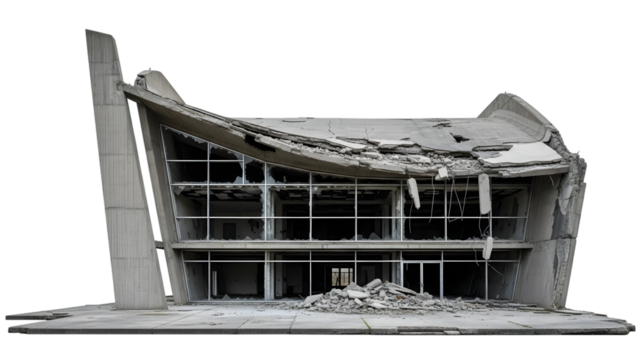 Partially destroyed concrete building with broken glass windows and debris isolated on a transparent background