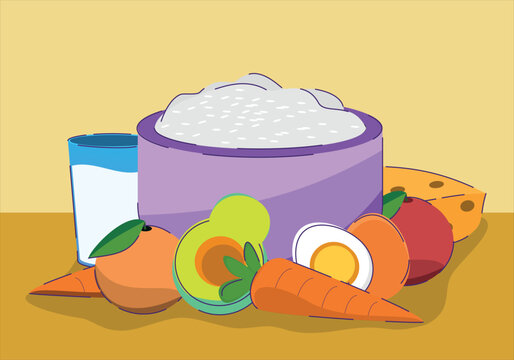 Daily nutrition food group set with rice, milk, fruits, and vegetables in clean modern flat design