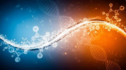 DNA strand and molecular structures with organic particles. Science and technology background with abstract molecule. Biotechnology and chemistry communication for medical research. - Powered by Adobe
