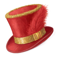 Red Festive Top Hat with Gold Glitter Trim and Feather Decoration Isolated on White Background.