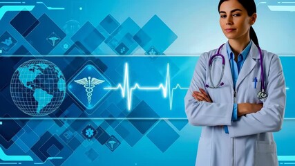 Woman doctor standing by medical interface with heartbeat graph, caduceus symbol, globe, showing global healthcare and medicine technology. - Powered by Adobe