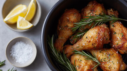 Delicious roasted chicken drumsticks with rosemary, lemon, and salt
