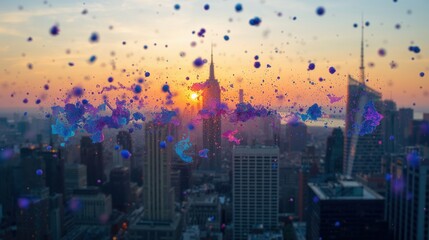 City skyline at sunset, with vibrant abstract purple and blue splashes over the cityscape.