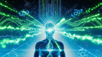 Human silhouette with dna double helix emits light, showing evolving digital energy and flowing data in genetic engineering concept - Powered by Adobe