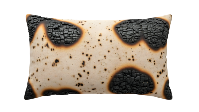 Rectangular cushion with charred fabric pattern and scattered burn marks isolated on a transparent background