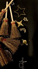 Witch brooms and magical symbols on black background occult charms, moon, stars and pentagram for mystical rituals and witchcraft