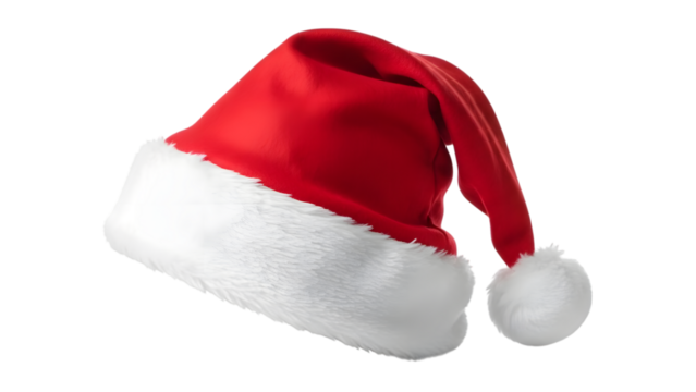 Red Santa Claus hat with white fur trim and pompom isolated on a transparent background Santa hat Christmas