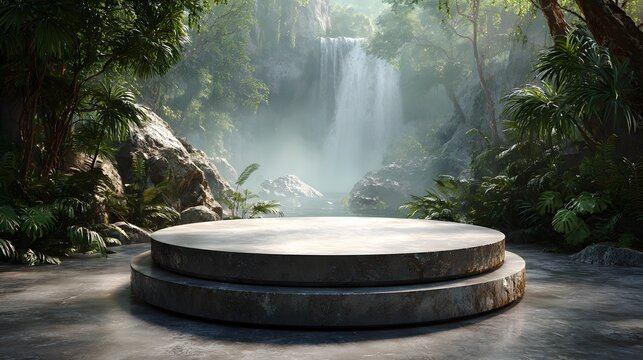 Stone Platform in Misty Jungle Waterfall Setting Creating a Serene and Dramatic Natural Showcase Background