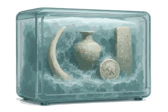 Frozen Artifacts Chamber. a transparent preservation chamber containing ancient artifacts safely encased in permafrost, ivory and