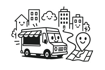 Whimsical Food Truck Adventure. Doodle-style vector illustration of cheerful food truck with smiling GPS pin and map path winding