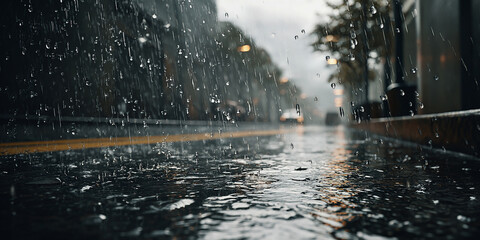 Heavy rain in the city. Image captured from a car windshield.