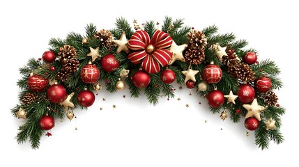 Festive christmas garland with red ornaments isolated on white background