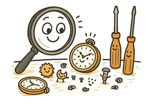 Whimsical Clockmaker's Desk. Whimsical doodle vector of clockmaker&rsquo;s desk with friendly magnifier, screwdrivers, and tiny watch