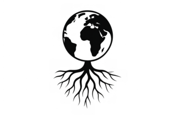 Earth globe growing strong roots, representing global sustainability, environmental care, nature connection, and life foundation