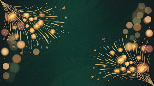 Elegant dark green background with golden firework burst and bokeh light effect for celebration
