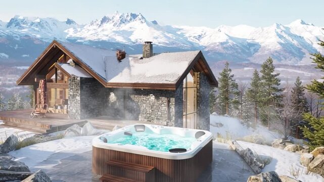 Luxury mountain lodge with steaming outdoor jacuzzi overlooking panoramic snow covered peaks, winter retreat experience, alpine wellness escape, cozy cabin travel, cinematic nature stay