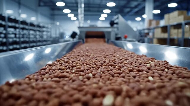 Peanuts on conveyor belt in food processing plant production line