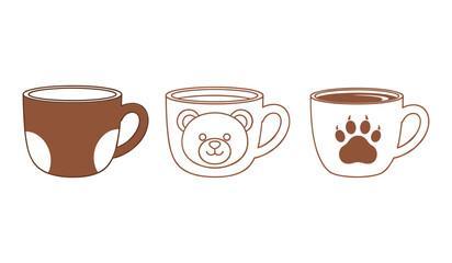 Three stylized coffee mugs with cute designs in brown and white on white background Keywords: mug, cup, coffee, tea, drink, beverage, ceramic, handle, brown, white, outline, illustration, graphic