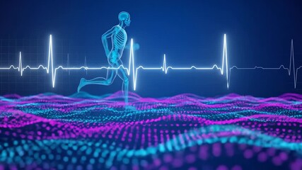 Man running represented by skeleton with changing heartbeat EKG line on digital wave network background. Health monitoring technology.