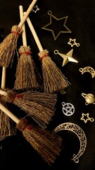 Witch brooms and magical symbols on black background occult charms, moon, stars and pentagram for mystical rituals and witchcraft