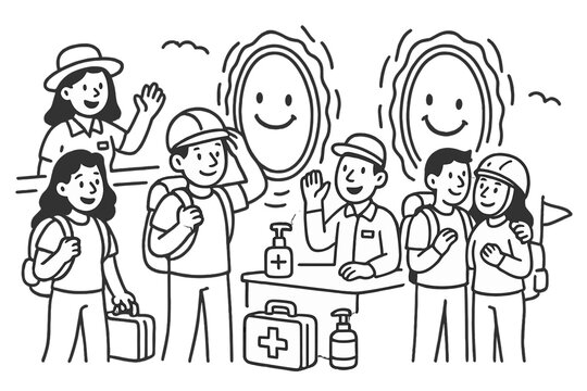 Interdimensional Travel Doodle. Doodle-style vector illustration of cheerful interdimensional travel office with smiling portals,