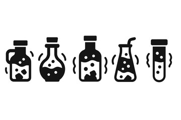 Vibrant Mineral Brews Icons. Solid style icons of vibrating mineral brews: quaking drink, trembling potion, shaking draft,