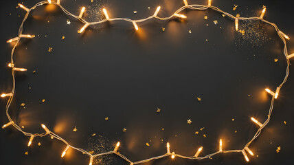 Frame made of warm glowing string lights with gold glitter on a dark background