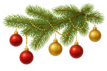 Christmas fir tree branch with red and gold baubles and golden beads garland on transparent background