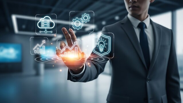 Businessman interacting with virtual data and digital interface for data analysis and cybersecurity in a modern office environment showcasing technology solutions - Powered by Adobe