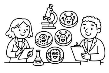 Alien Microbe Discovery. Playful doodle research room with cute alien microbes waving from petri dishes and friendly scientists