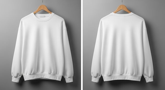 Blank white crewneck sweatshirt mockup, front and back, on a wooden hanger against a grey wall for apparel design