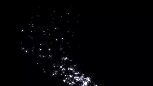 Luxury white glitter sparkles trail love shape, fast glittering star lines, magic light effect curve trail magic sparkling bokeh effects, magic dust, pixie dust path, christmas stars on black screen