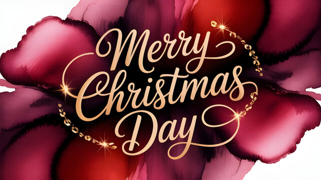 Elegant merry christmas day greeting text in gold script on a dark pink watercolor background - Powered by Adobe