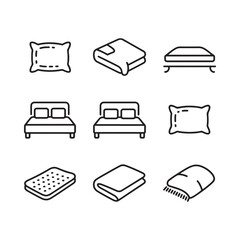 Bedding set vector icons featuring pillows, blankets, mattress, and beds