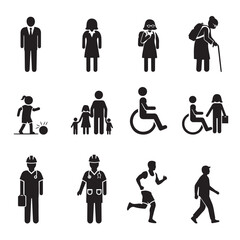 People and society icon set. Family, elderly, disabled, professional career, and different age generation pictogram vector collection.
