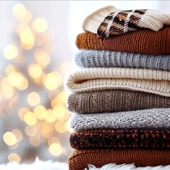 a stack of cozy knit sweaters in various neutral tones, including cream, beige, grey, and taupe. with the bokeh effect