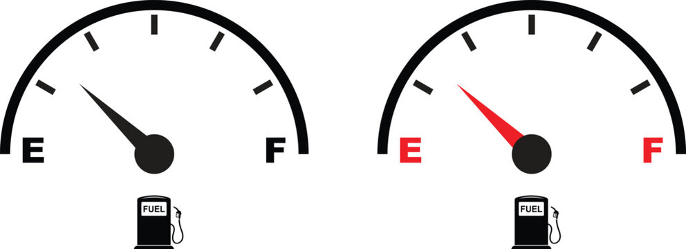Set of fuel gauge meter icons with full and empty indicator signs. Car dashboard elements showing petrol level. Automotive gas symbol. Vector illustration isolated on transparent background.