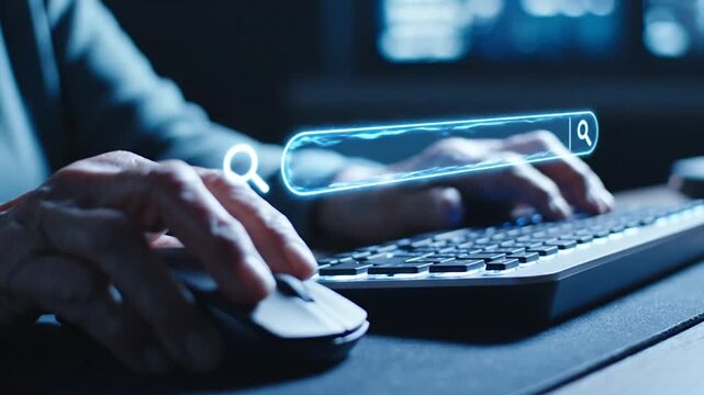 Person typing on keyboard with glowing search bar and mouse internet online