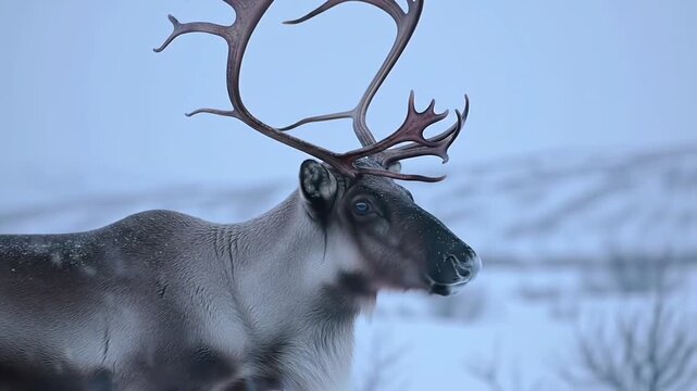 A regal reindeer stands in a snow-covered landscape, showcasing majestic antlers
