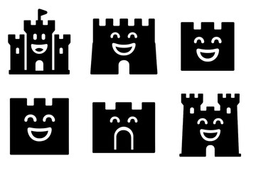 Ecstatic Fortress Icons. Solid style icons of story-filled fortifications: ecstatic fortress, blissful rampart, joyful wall,