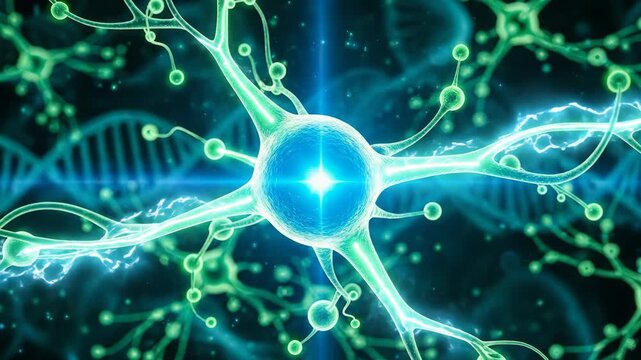 Glowing neuron cell sending continuous electric impulses on genetic background. Science and medical concept for brain activity and neural connections.