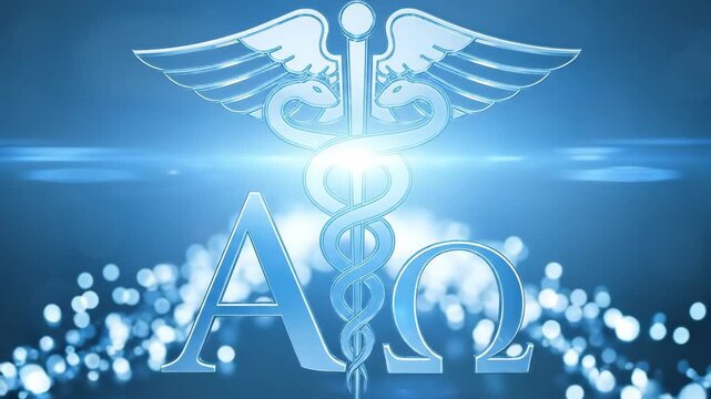 Medical caduceus symbol with alpha and omega on blurred light blue background to dark blue with bokeh effect transitions