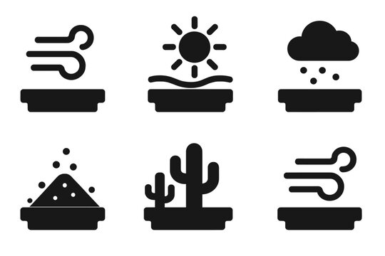 Solid Arid Ledge Icons. Solid style icons of arid choice ledges: windy ledge, hot wind shelf, dusty windowsill, sandy sill, desert