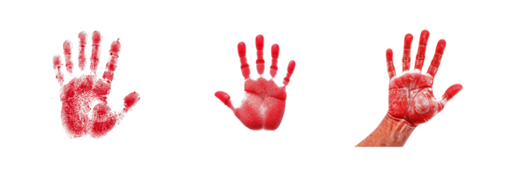 Three bloody handprints isolated on transparent background