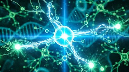 Blue neurons with DNA strands. Neural network activity and genetic information flow. Biological science and technology concept. - Powered by Adobe