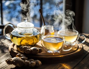 A comforting glass teapot of hot ginger and lemon tea with honey, steaming in cups on a wooden table against a winter background