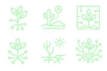 Futuristic Eco Icons. Solid style icons of futuristic ecology: neon flora circuit, glowing desert sensor line, radiant plant tech