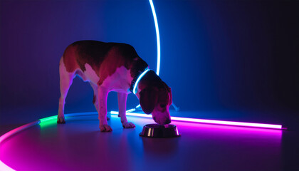 Dog bending toward its food in a cyberpunk environment, blending futuristic city vibes with everyday life. Striking contrast of technology and instinct.