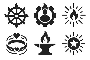 Spiritual Creation Icons. Solid style icons of spiritual creation: karmic desire wheel, turning soul engine, revolving yearning