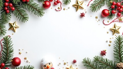 Christmas decoration frame made of tree branches, red berries, snowman on a white background. Top view. minimalist festive text space